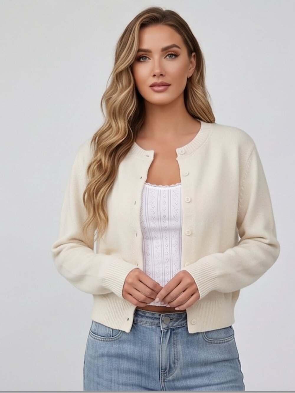 Chic Beige Button-Down Knit Cardigan | Long Sleeve Outerwear
